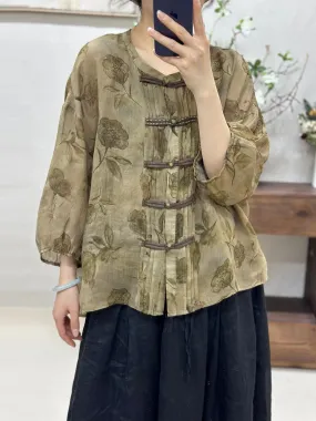 Women Artsy Floral Spring Button Up Ramie Shirt KL1026