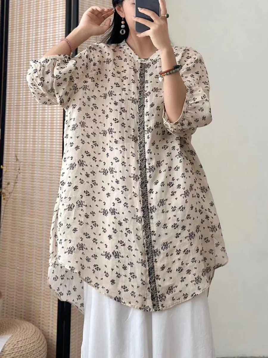 Women Artsy Flower Ramie Loose Long Shirt CO1016