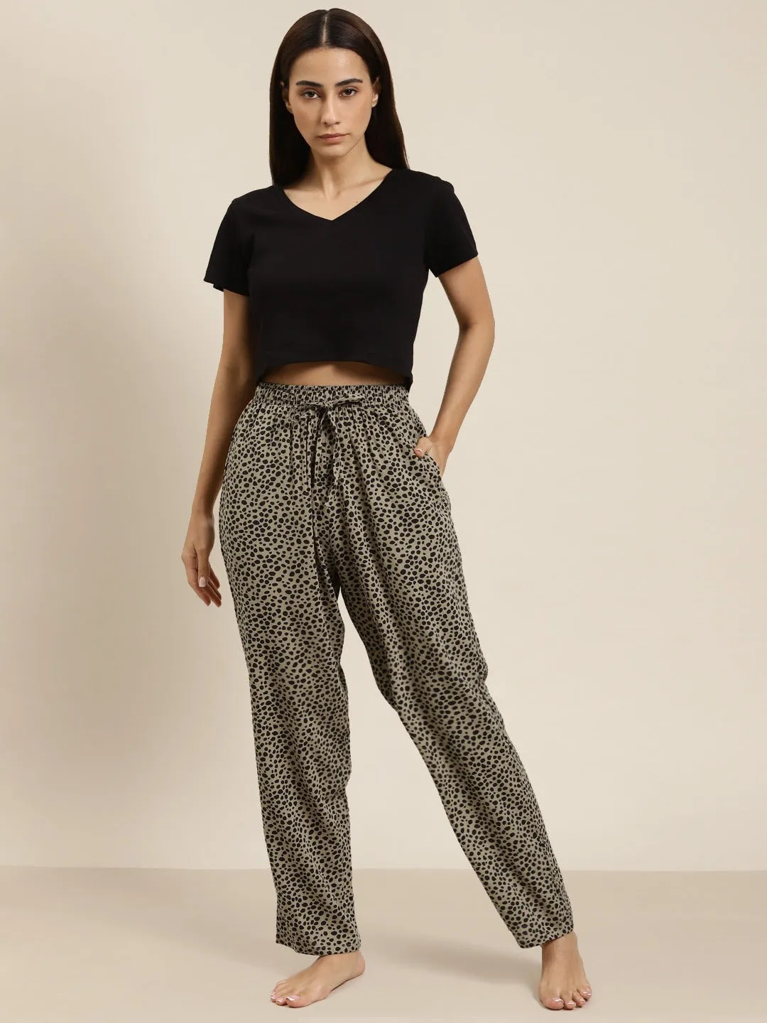 Women Beige-Black Prints Viscose Rayon Relaxed Fit Casual Lounge Pant