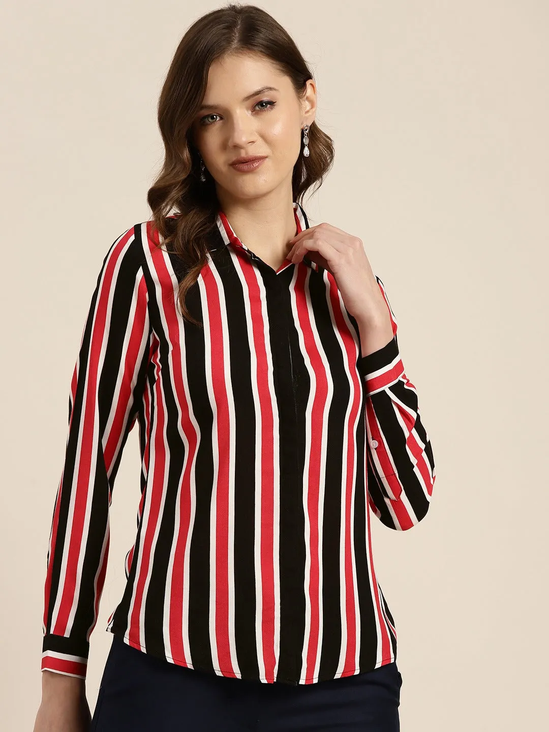 Women Black & Red Stripes Viscose Rayon Slim Fit Formal Shirt