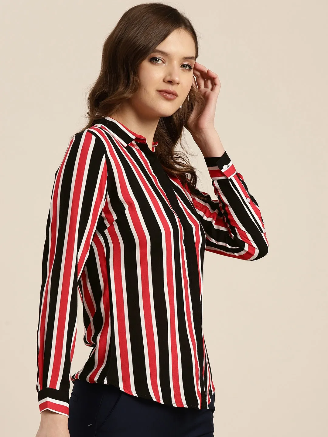 Women Black & Red Stripes Viscose Rayon Slim Fit Formal Shirt