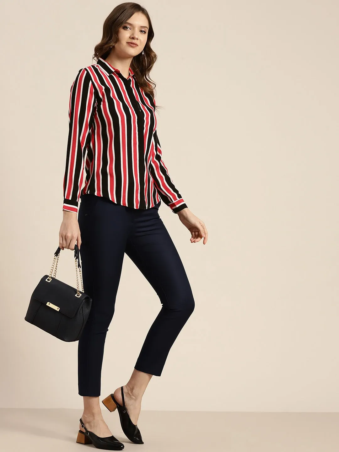 Women Black & Red Stripes Viscose Rayon Slim Fit Formal Shirt