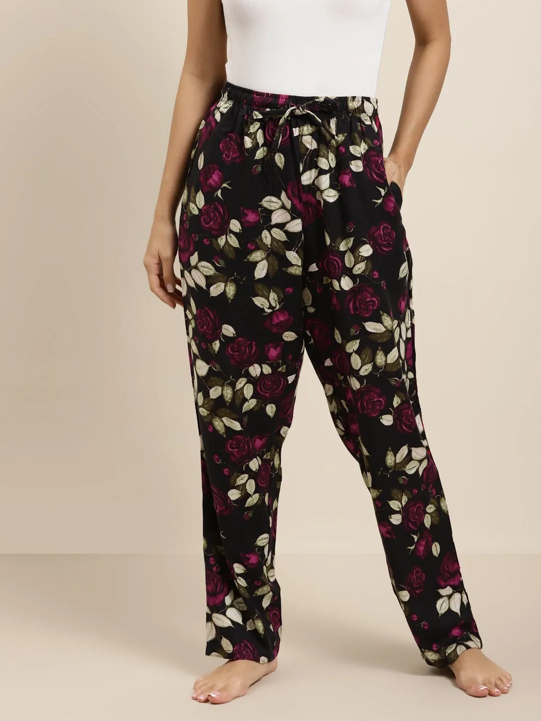 Women Black-Pink Prints Viscose Rayon Relaxed Fit Casual Lounge Pant