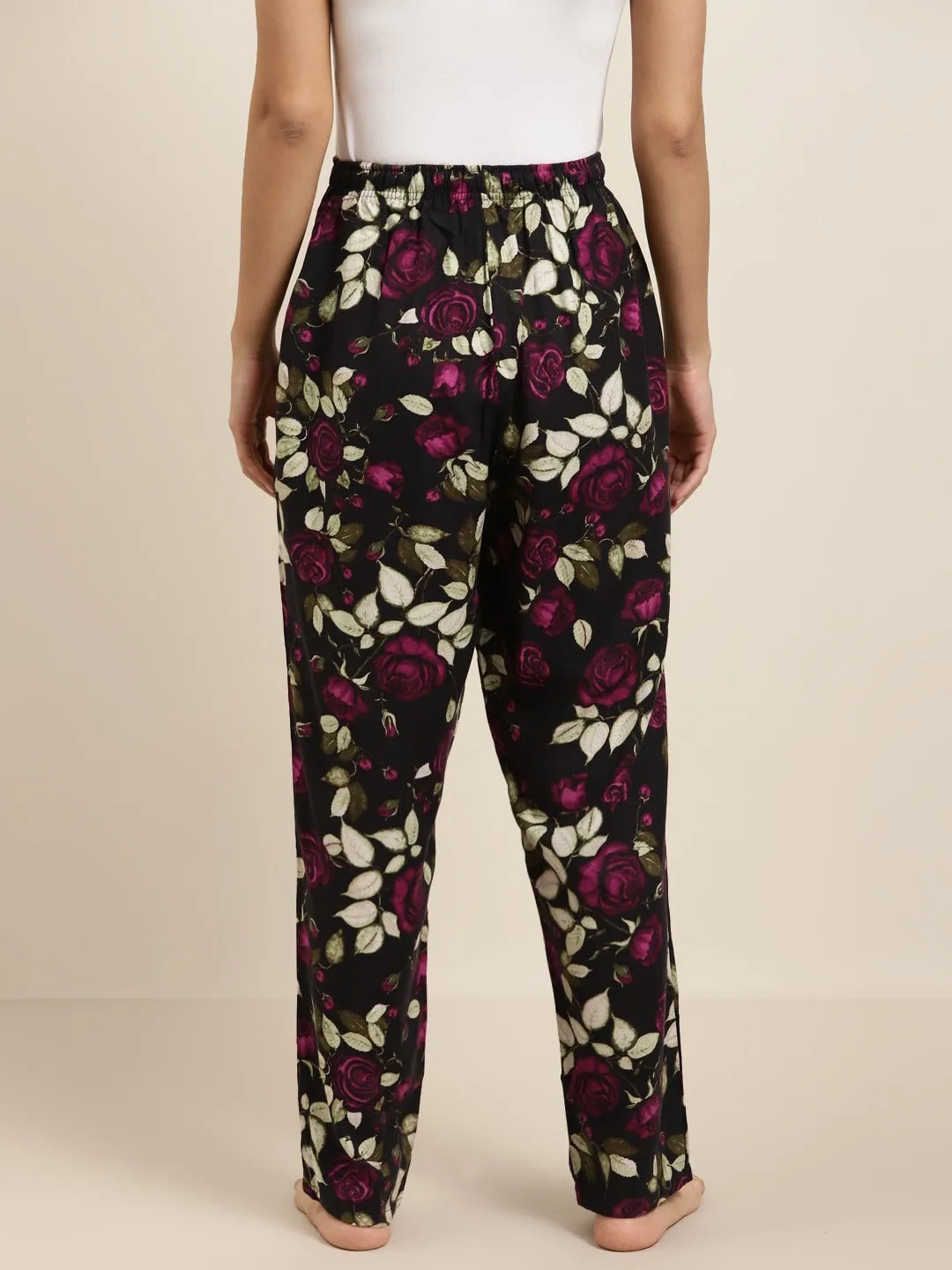 Women Black-Pink Prints Viscose Rayon Relaxed Fit Casual Lounge Pant