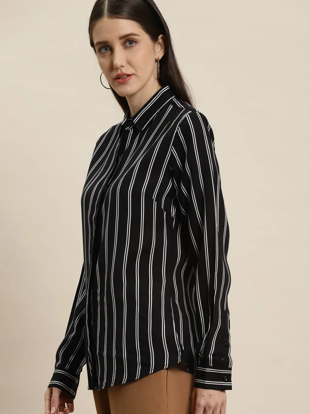 Women Black Stripes Viscose Rayon Slim Fit Formal Shirt