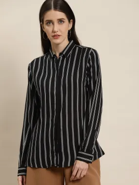 Women Black Stripes Viscose Rayon Slim Fit Formal Shirt