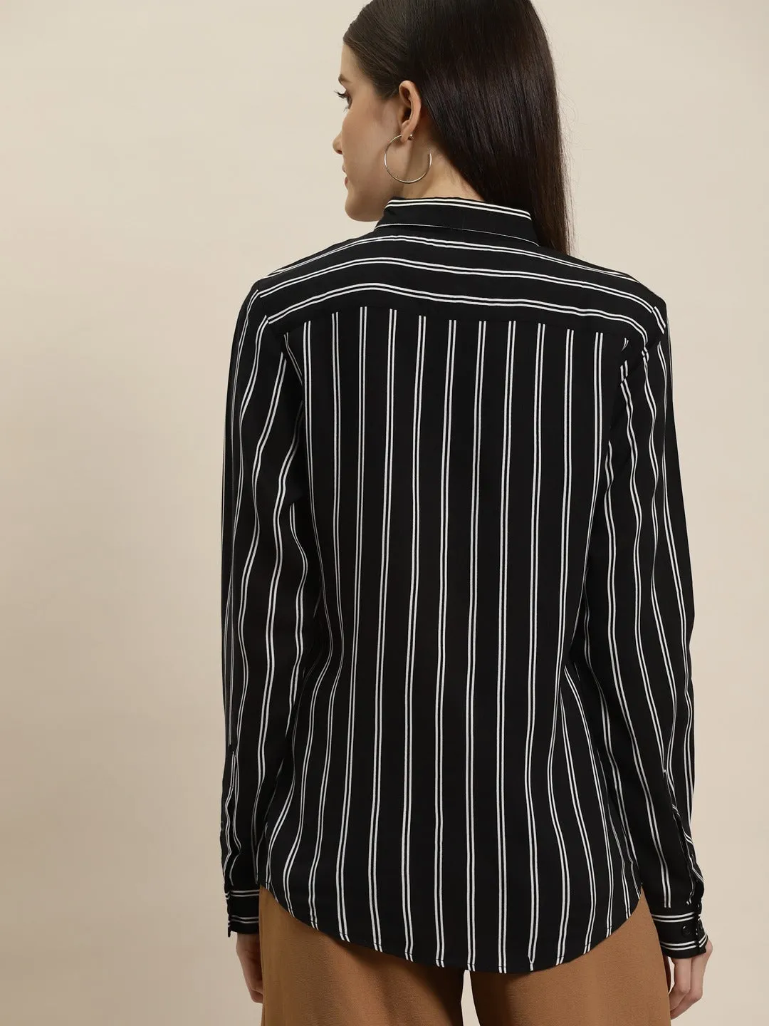 Women Black Stripes Viscose Rayon Slim Fit Formal Shirt