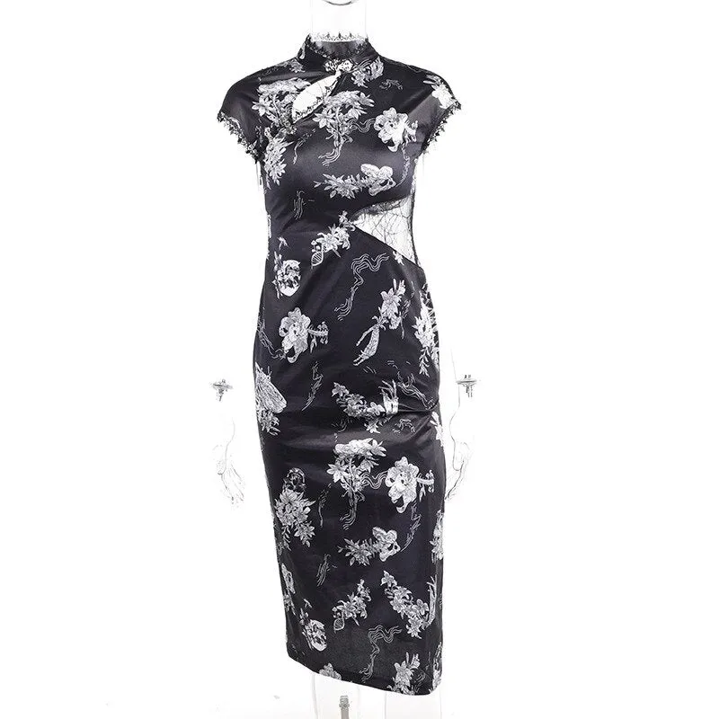 Women Chinese Plum Blossom Cheongsam Short Sleeve Side Slit Brocade Qipao Bodycon Mini Dress