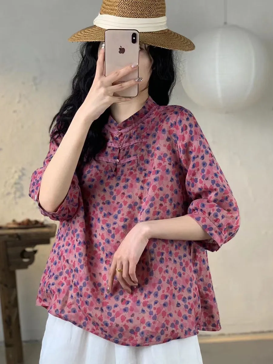 Women Spring Floral Vnitage Ramie Losoe Shirt CO1008