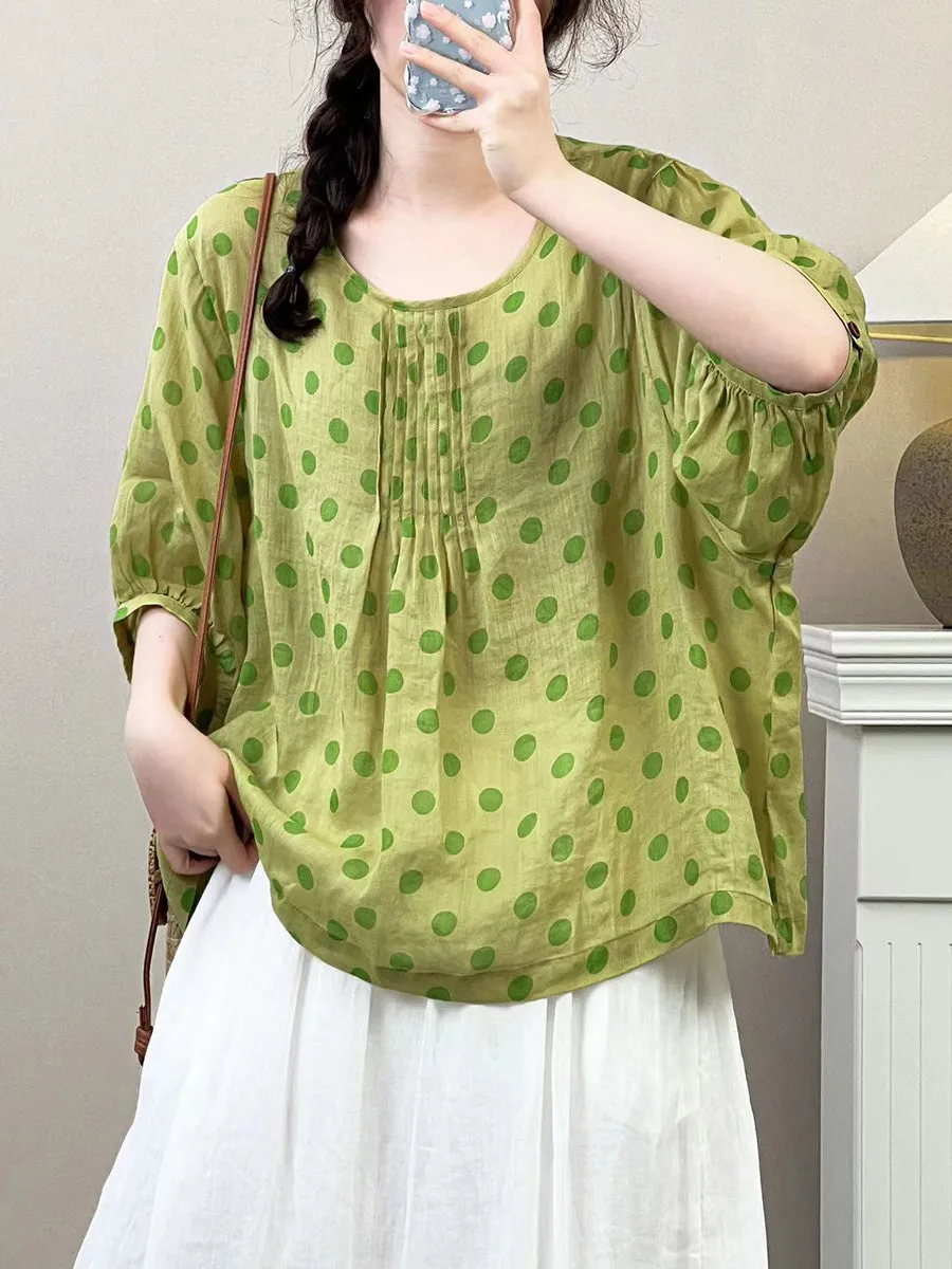 Women Summer Artsy Dot Shirred Ramie Loose Shirt SC1035