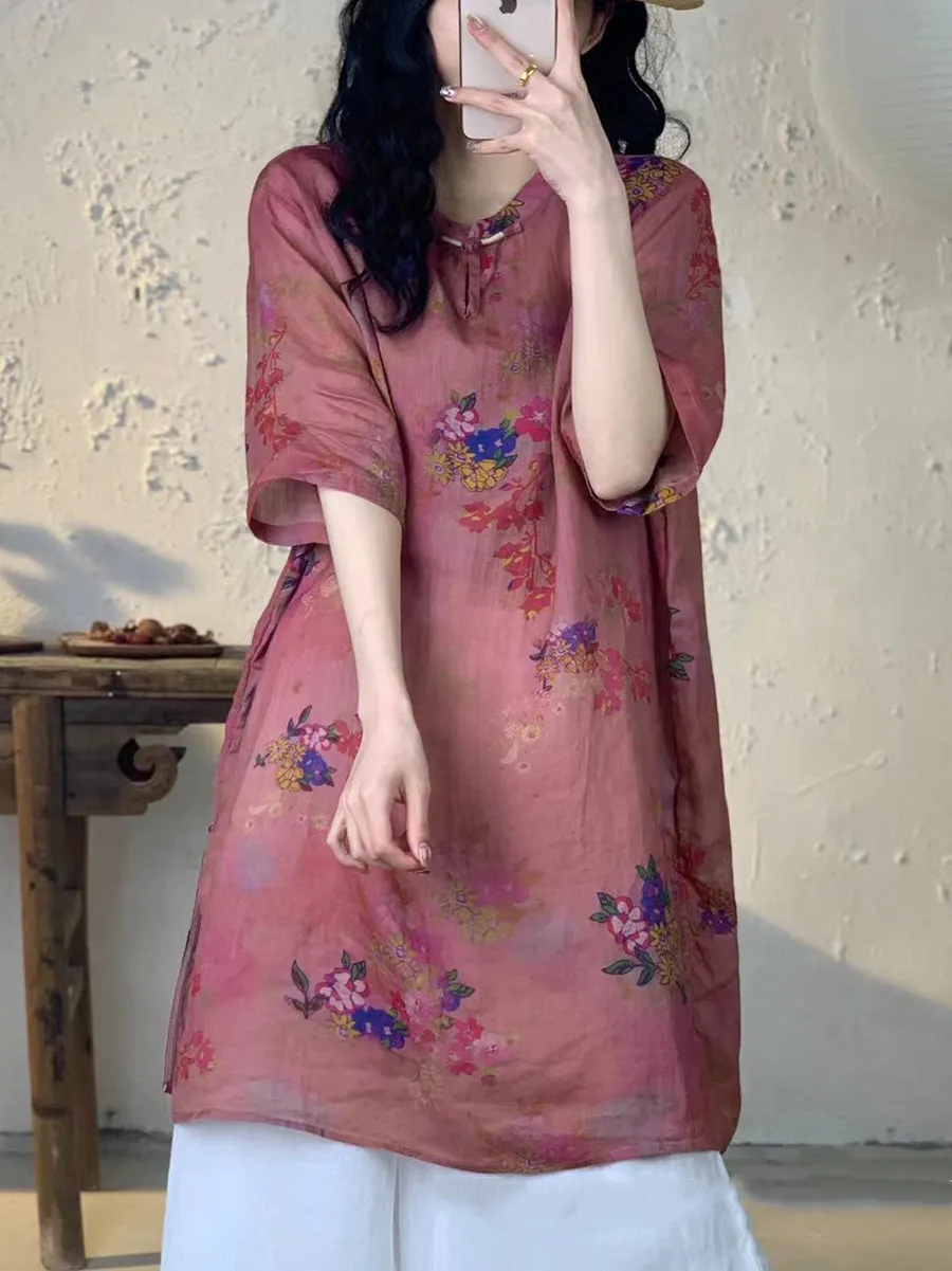 Women Summer Vintage Flower Long Ramie Shirt PA1013