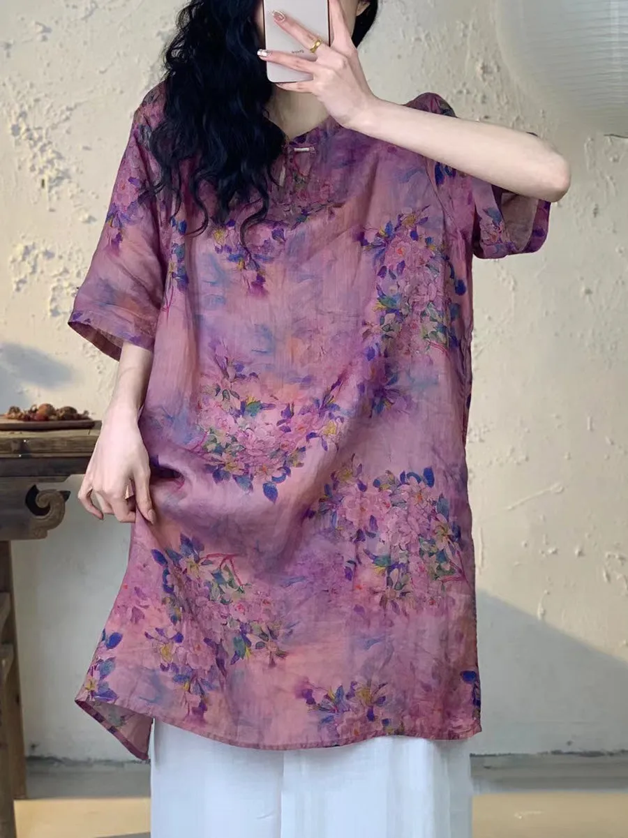 Women Summer Vintage Flower Long Ramie Shirt PA1013