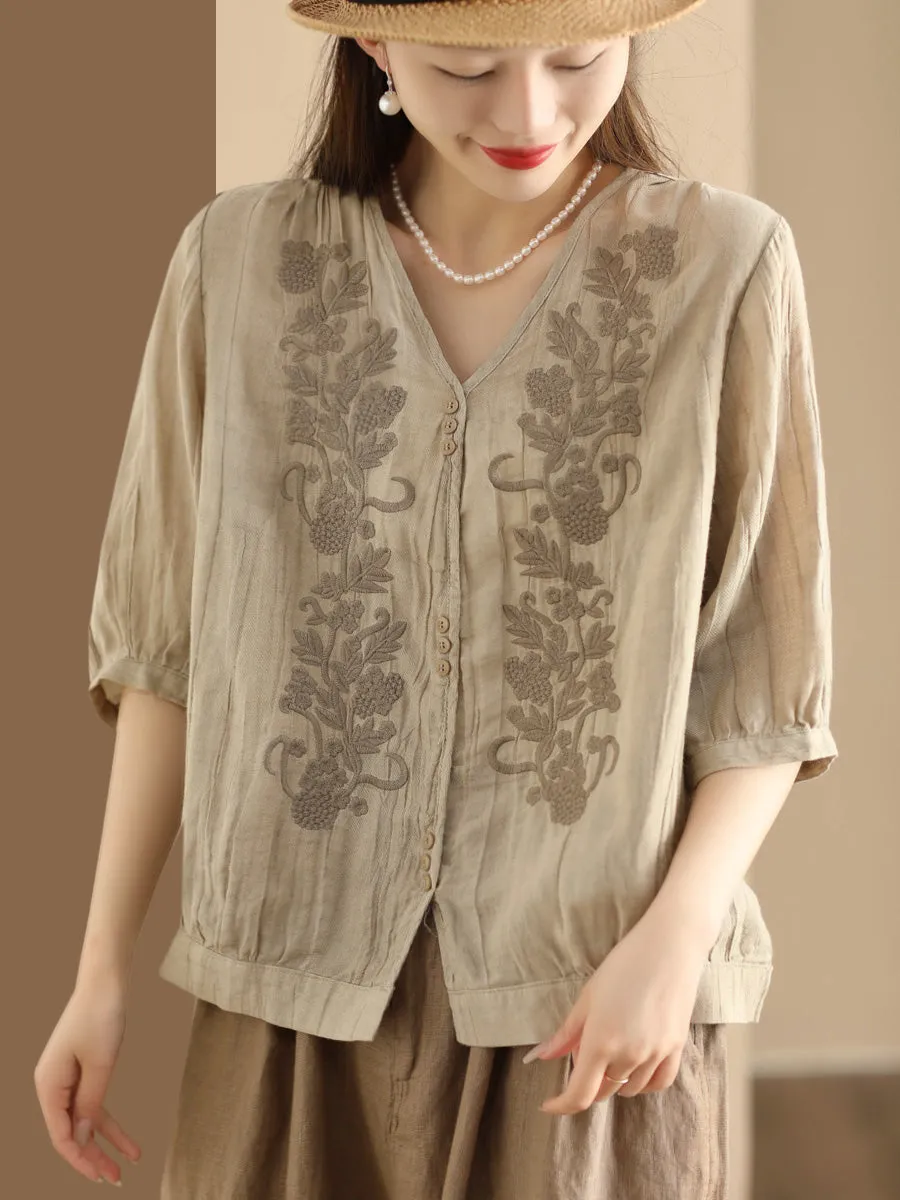 Women Vintage Summer Embroidery V-Neck Ramie Shirt PA1003