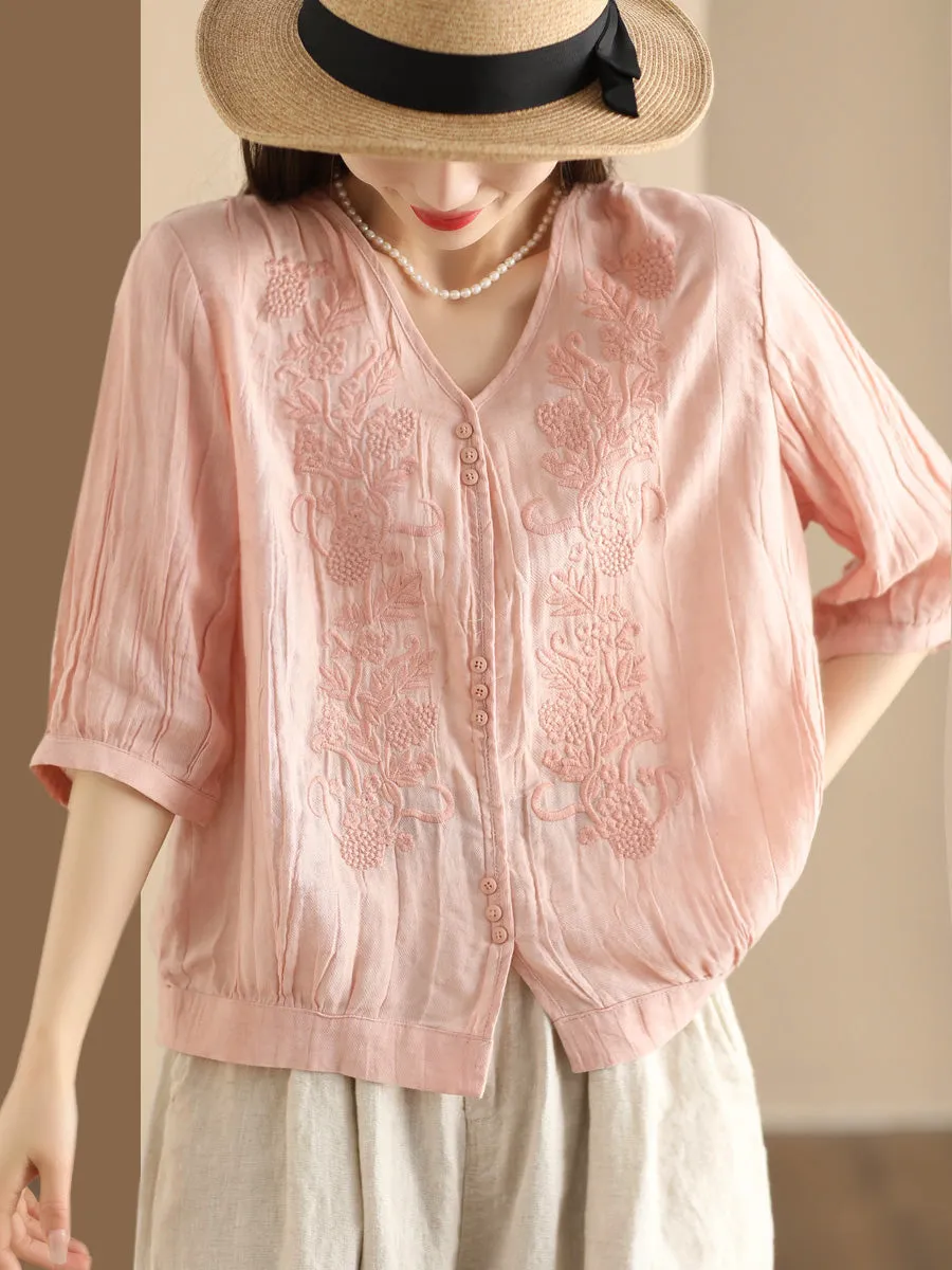 Women Vintage Summer Embroidery V-Neck Ramie Shirt PA1003