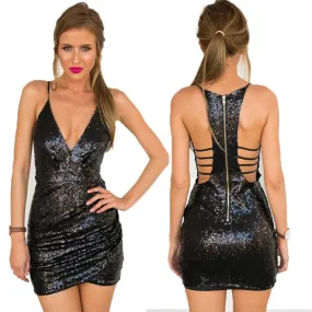 Women's Sexy Sequin Bling Mini Dress Sleeveless V-Neck Slim Bodycon Party Dress SM6