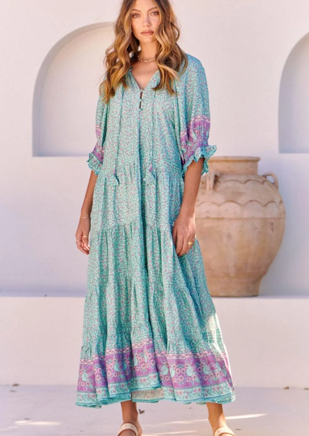 Woods Maxi Dress in Aqua Love Print